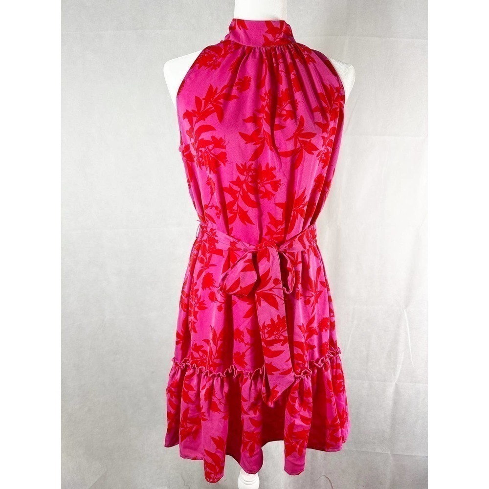 Sam Edelman High Neck Floral Print  Dress Red Pink Size Small